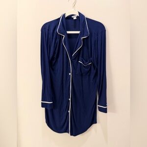 Eberjey Navy Blue Button-Up Pajama Shirt with White Piping
